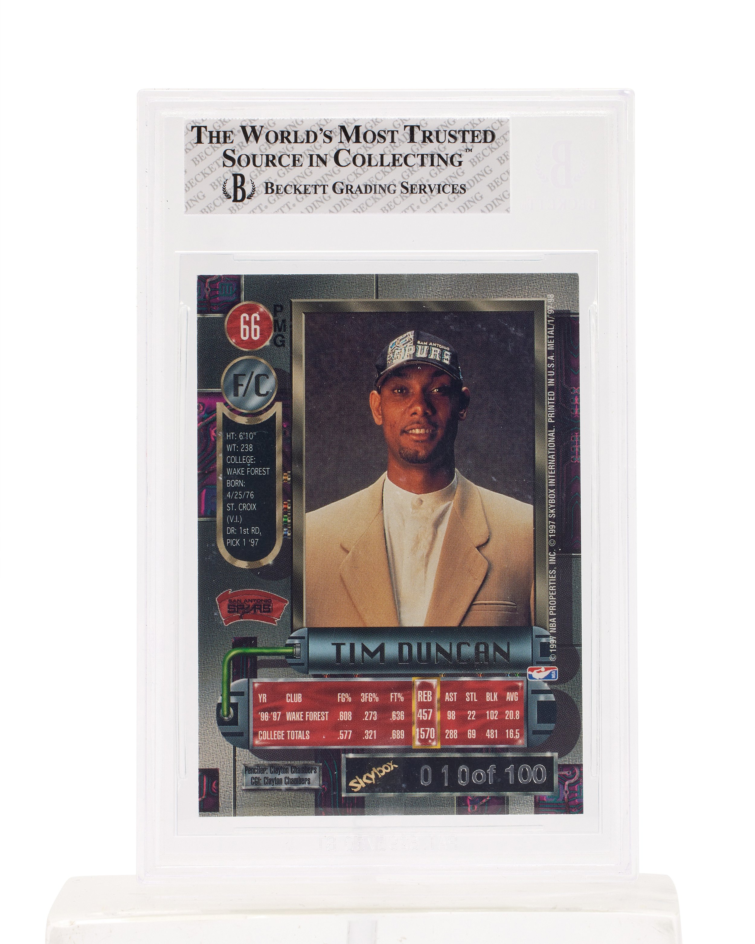 1997-98 Metal Universe Precious Metal Gems Emerald #66 Tim Duncan Rookie Card BGS 8 Back .jpg
