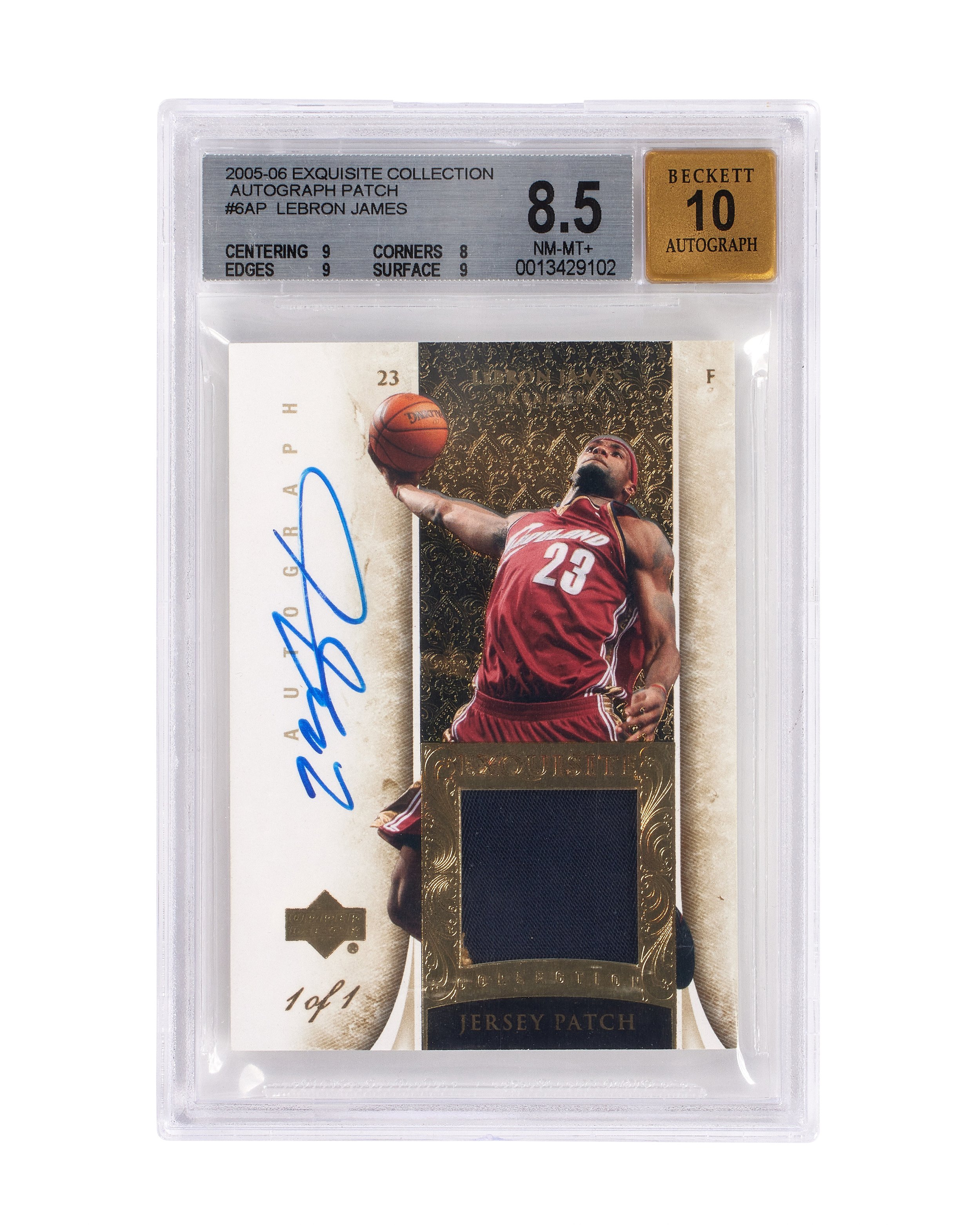 LeBron James 2005-06 Exquisite 1 1 Auto Patch (two color) BGS 8.5 Front.jpg